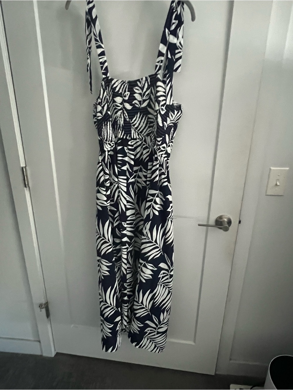 Navy Tropical Leaf Tie-Shoulder Jumpsuit